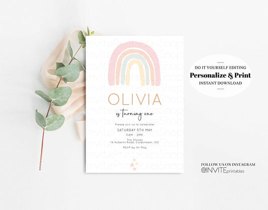 Rainbow Birthday Invitation Pastel Colorful Twinkle Stars Heart Watercolor Pink Blue Green Yellow Simple Modern Printable Template Invite