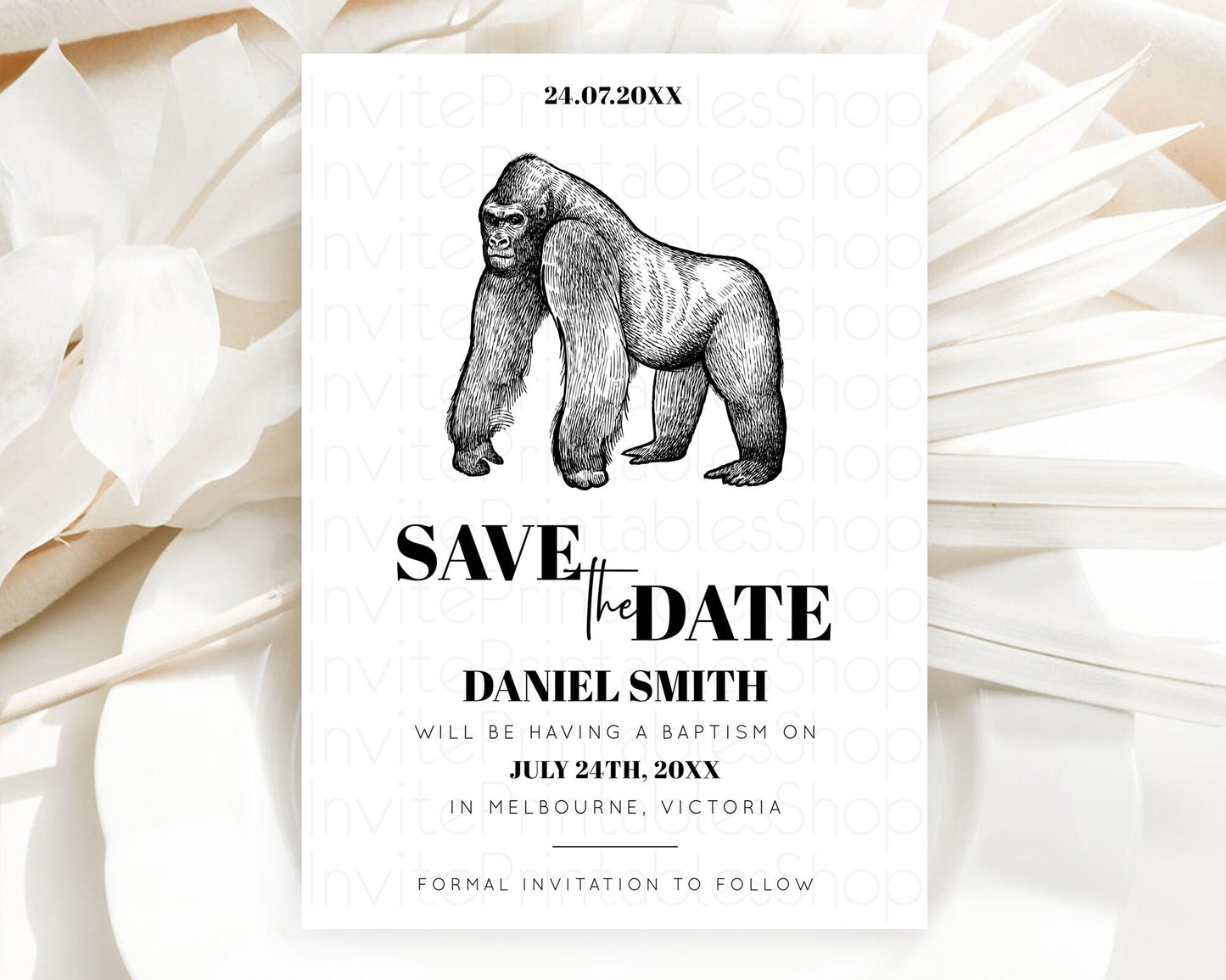 Gorilla Save The Date Template Gorilla Party Save The Date Safari Adventure Gorilla Minimal Theme 1st Birthday Baptism Baby Shower D10855