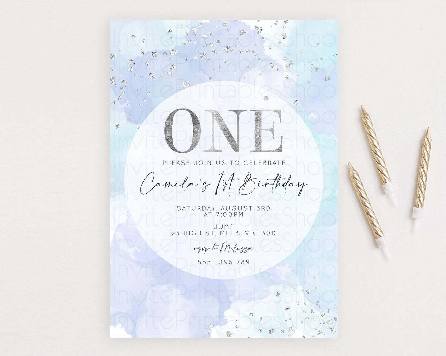 Rainbow Birthday Invitation Colorful Pastel Watercolor Silver Glitter Sprinkles Ombre Pastel Invitation 1st 2nd 3rd First Birthday D10628