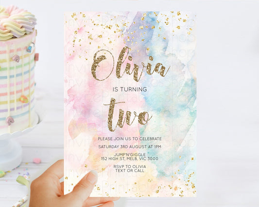 Editable Rainbow Birthday Invitation Colorful Pastel Watercolor Invitation G