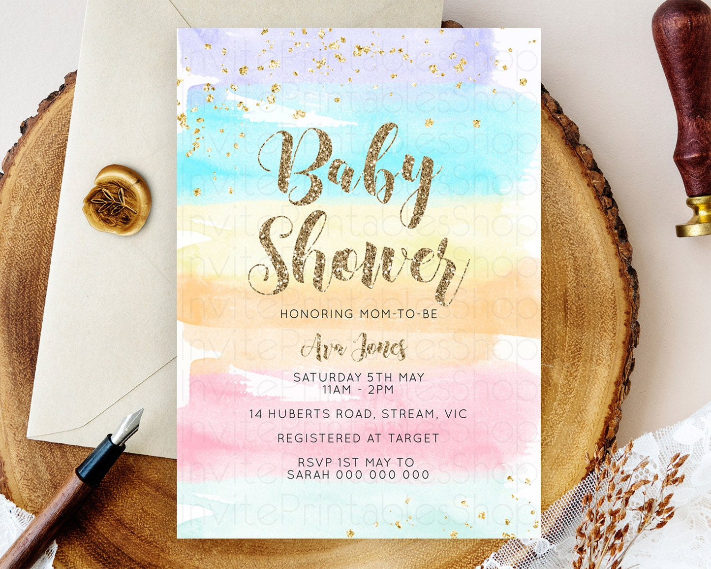 Pastel Baby Shower Invitation Rainbow Baby Shower Invitation Colorful Pastel Watercolor Invitation Gold Glitter Sprinkles Ombre D10508