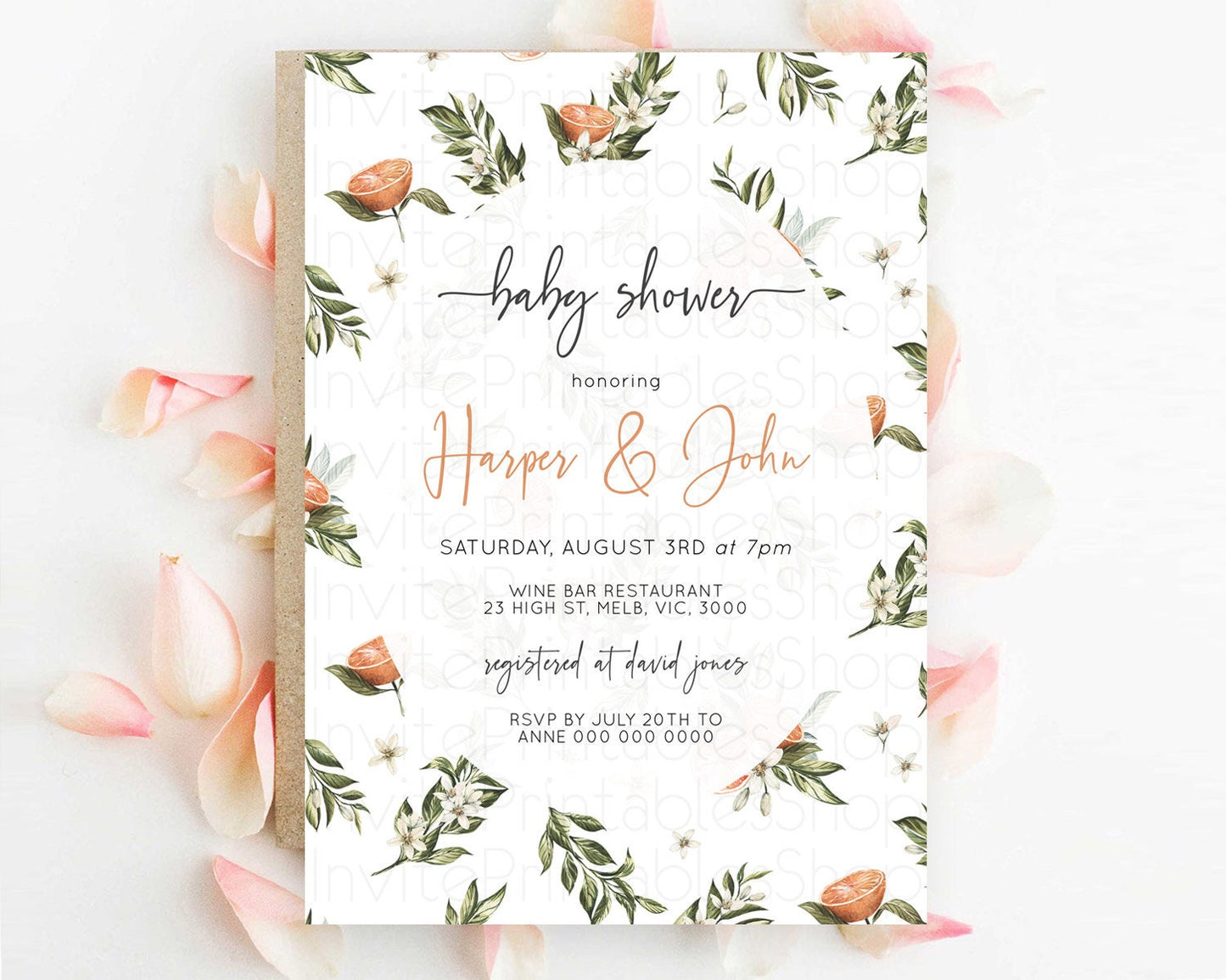 Citrus Baby Shower Invitation Orange Lemon Invitation Citrus Floral Garden Theme Citrus Floral Watercolor Invitation D10545