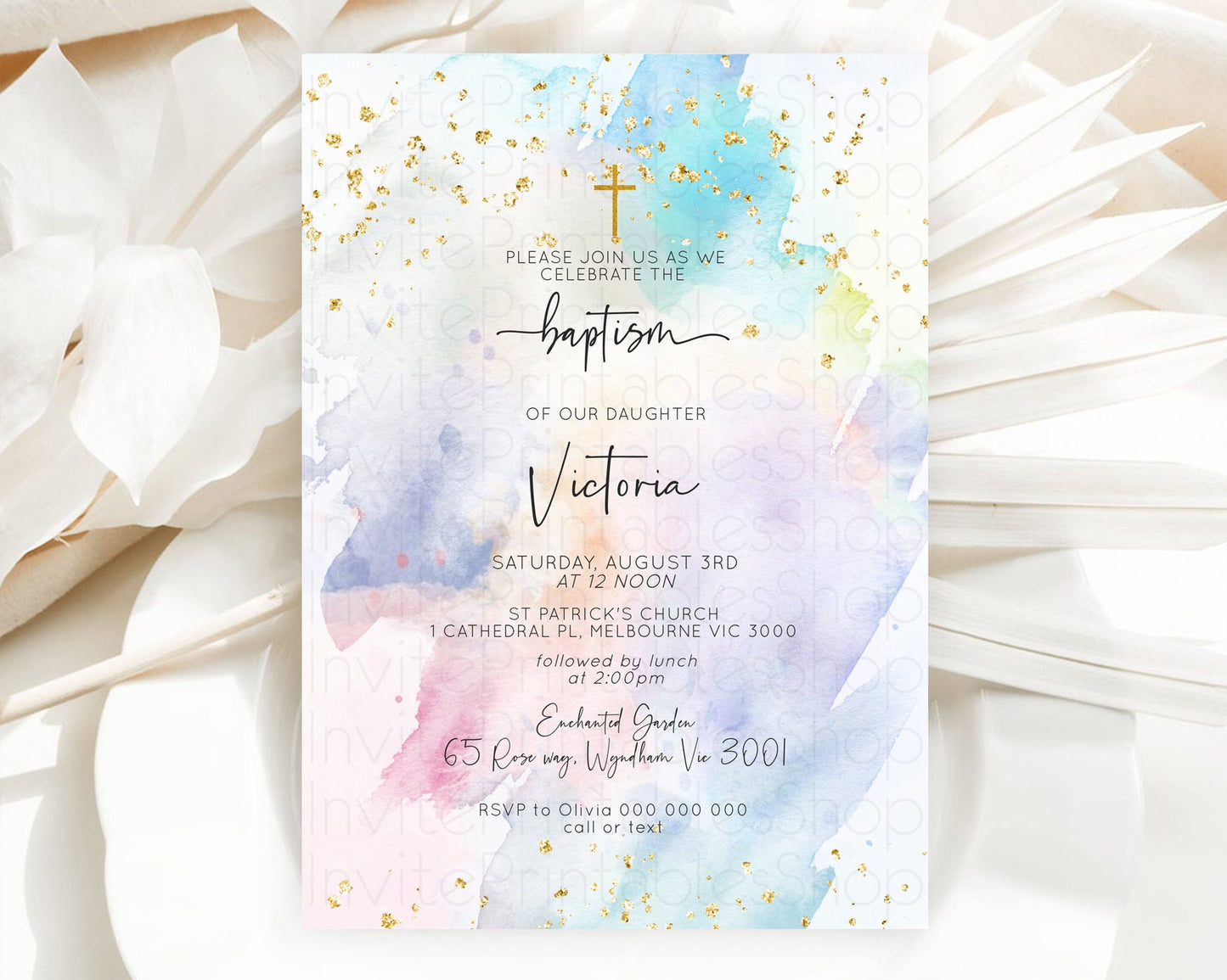 Pastel Baptism Invitation Pastel Colors Watercolor Baptism 1st Birthday Party Gold Ombre Pastel Rainbow Christening Holy Communion D10424