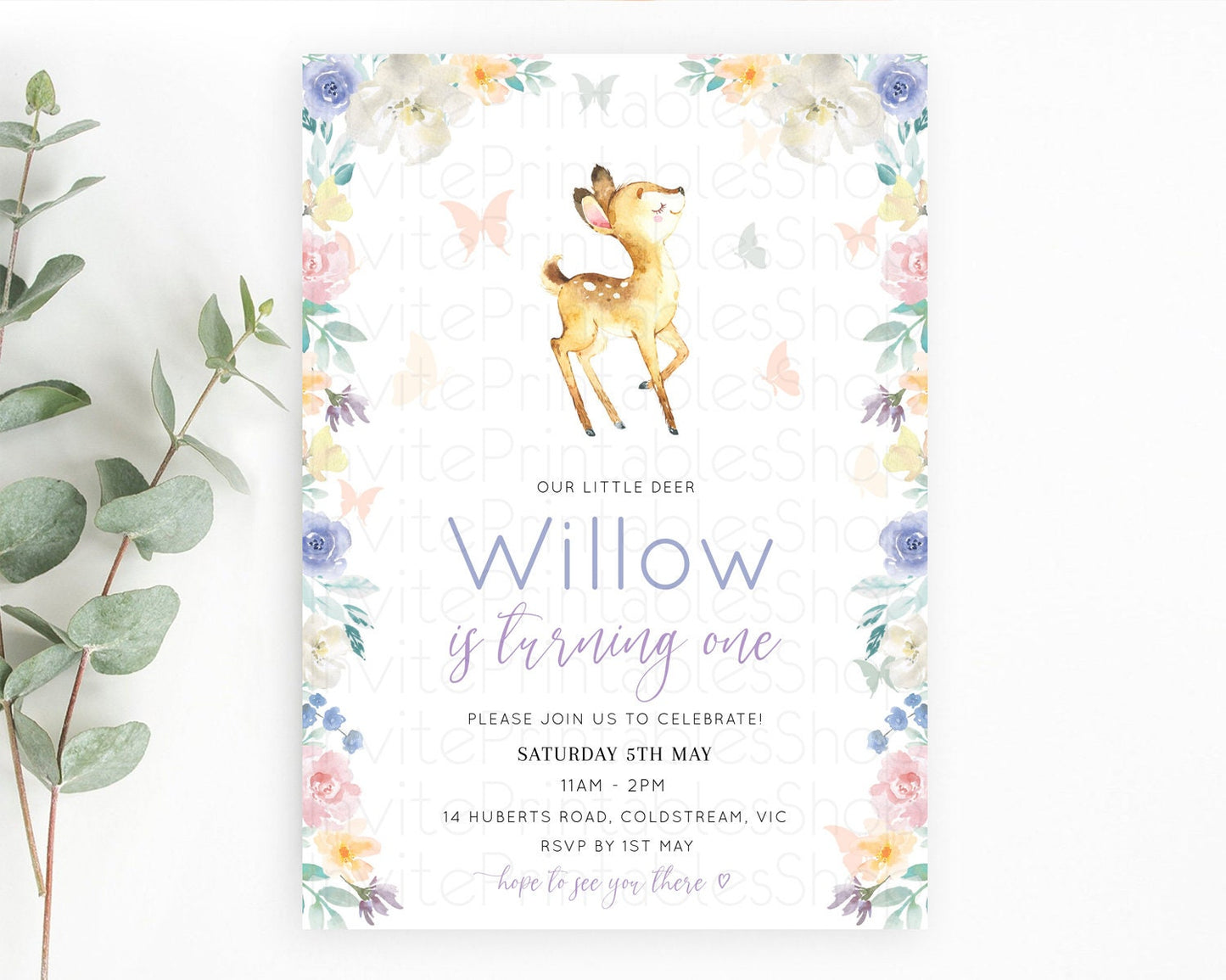 Fawn Birthday Invitation Deer Birthday Invitation Enchanted Forest Party Butterfly Pastel Flowers Whimsical 2nd 1st First Birthday D10965