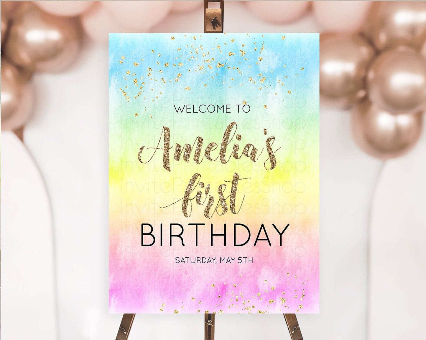 Pastel Welcome Sign Pastel Rainbow Welcome Sign Colorful Rainbow Confetti Watercolor Glitter Pastel First Birthday Welcome Sign D10479