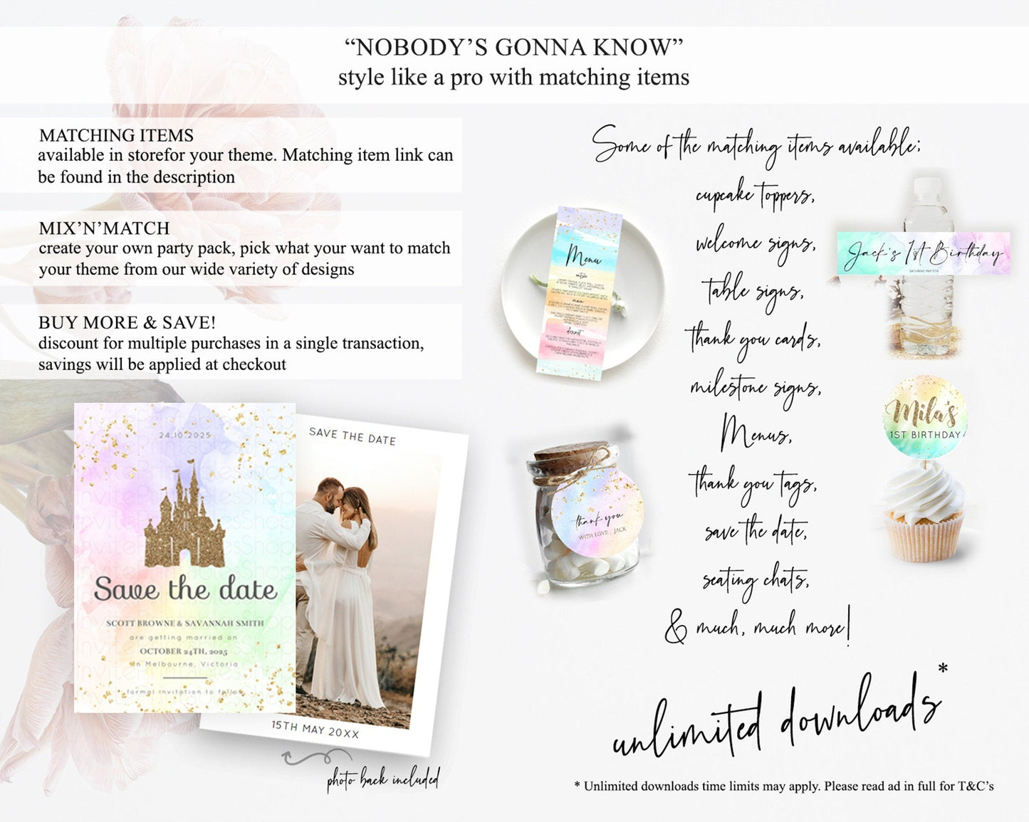 Princess Save The Date Pastel Watercolor Ombre Princess Party Rainbow Colorful Enchanted Castle 1st Birthday Baptism Baby Shower D10658