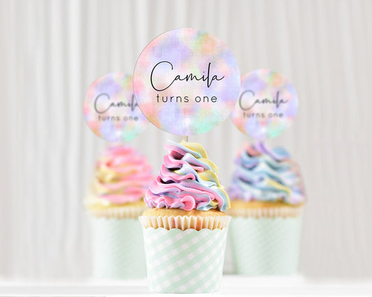 Editable Rainbow Cupcake Toppers Pastel Cupcake Toppers Colorful Pastel Wate
