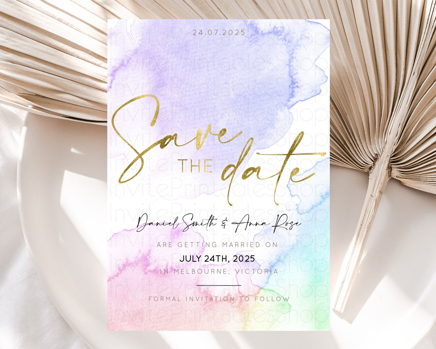 Pastel Save The Date Template Pastel Ombre Rainbow Watercolor Colorful Party For Birthday Baptism Baby Shower Wedding Bridal Shower D10215