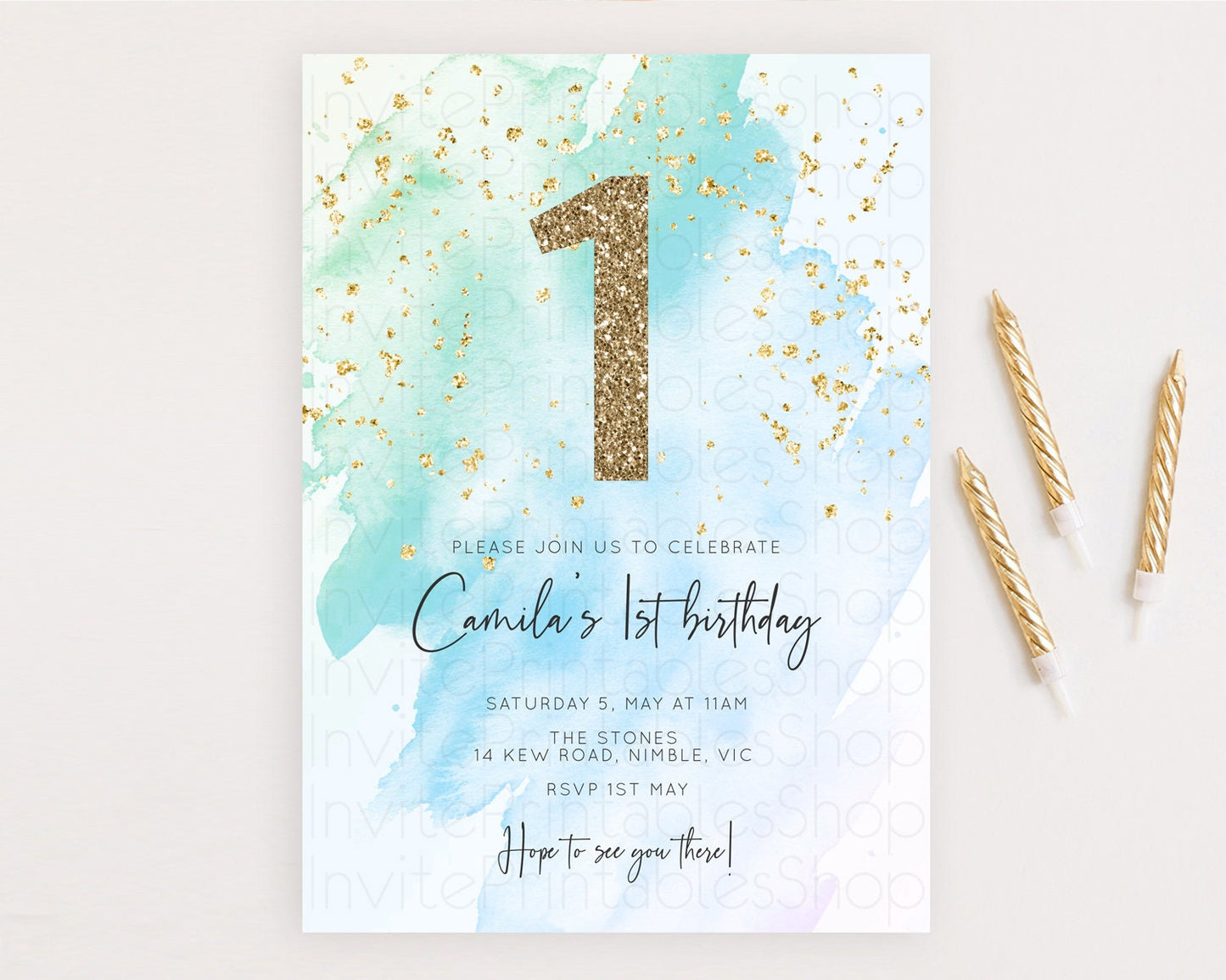 Blue Birthday Invitation Blue Watercolor Invitation Pastel Blue Watercolor Invitation Blue Splash Gold Invitation 1st First Birthday D10168