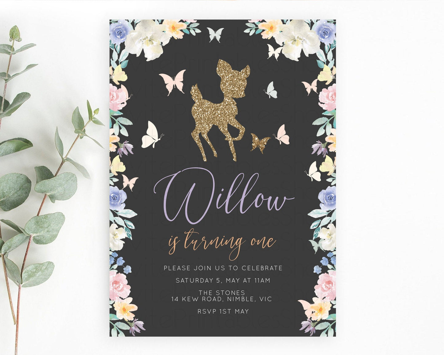 Fawn Birthday Invitation Deer Birthday Invitation Enchanted Forest Party Butterfly Pastel Flowers Whimsical 2nd 1st First Birthday D10323