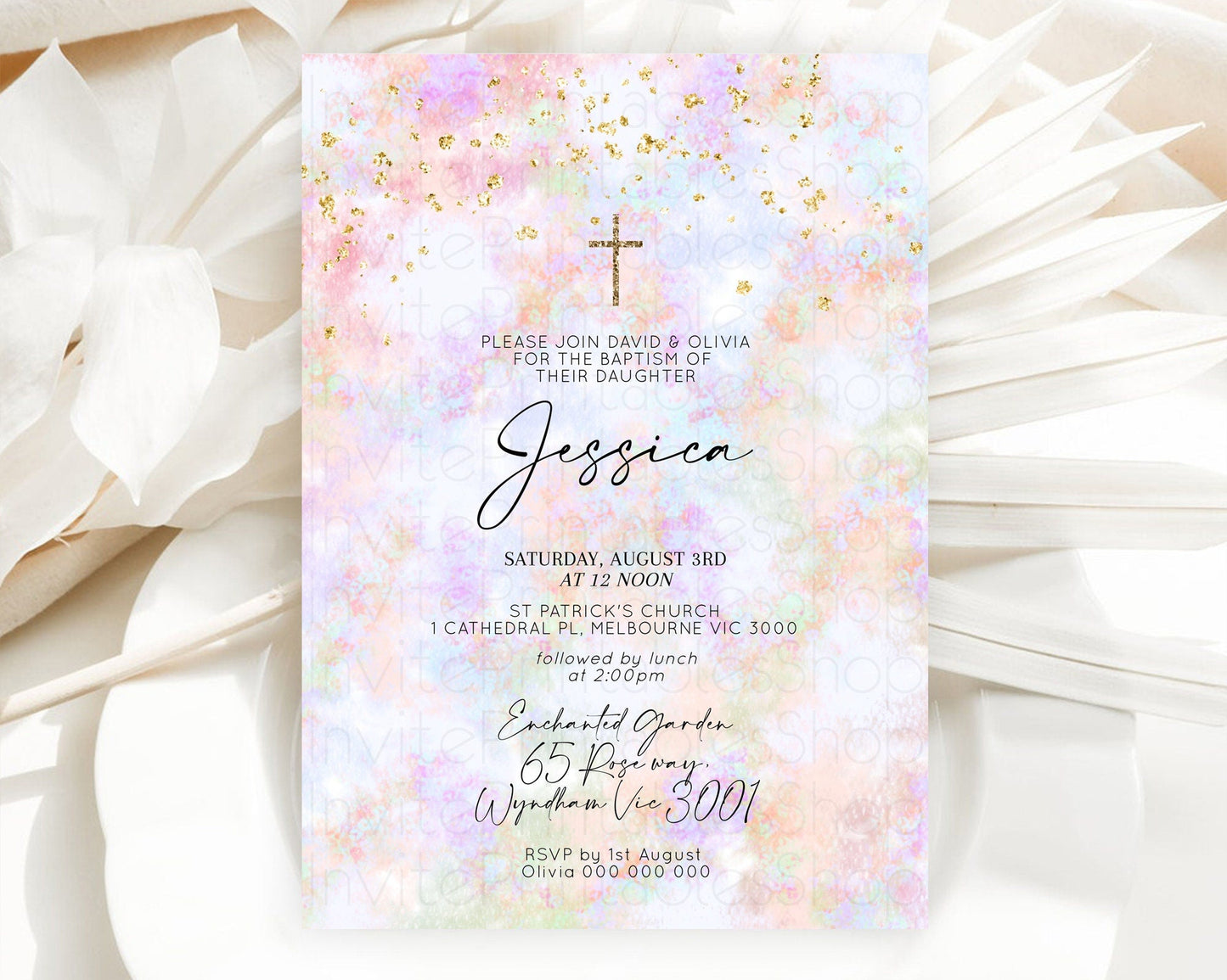 Pastel Baptism Invitation Pastel Colors Watercolor Baptism 1st Birthday Party Gold Ombre Pastel Rainbow Christening Holy Communion D10649