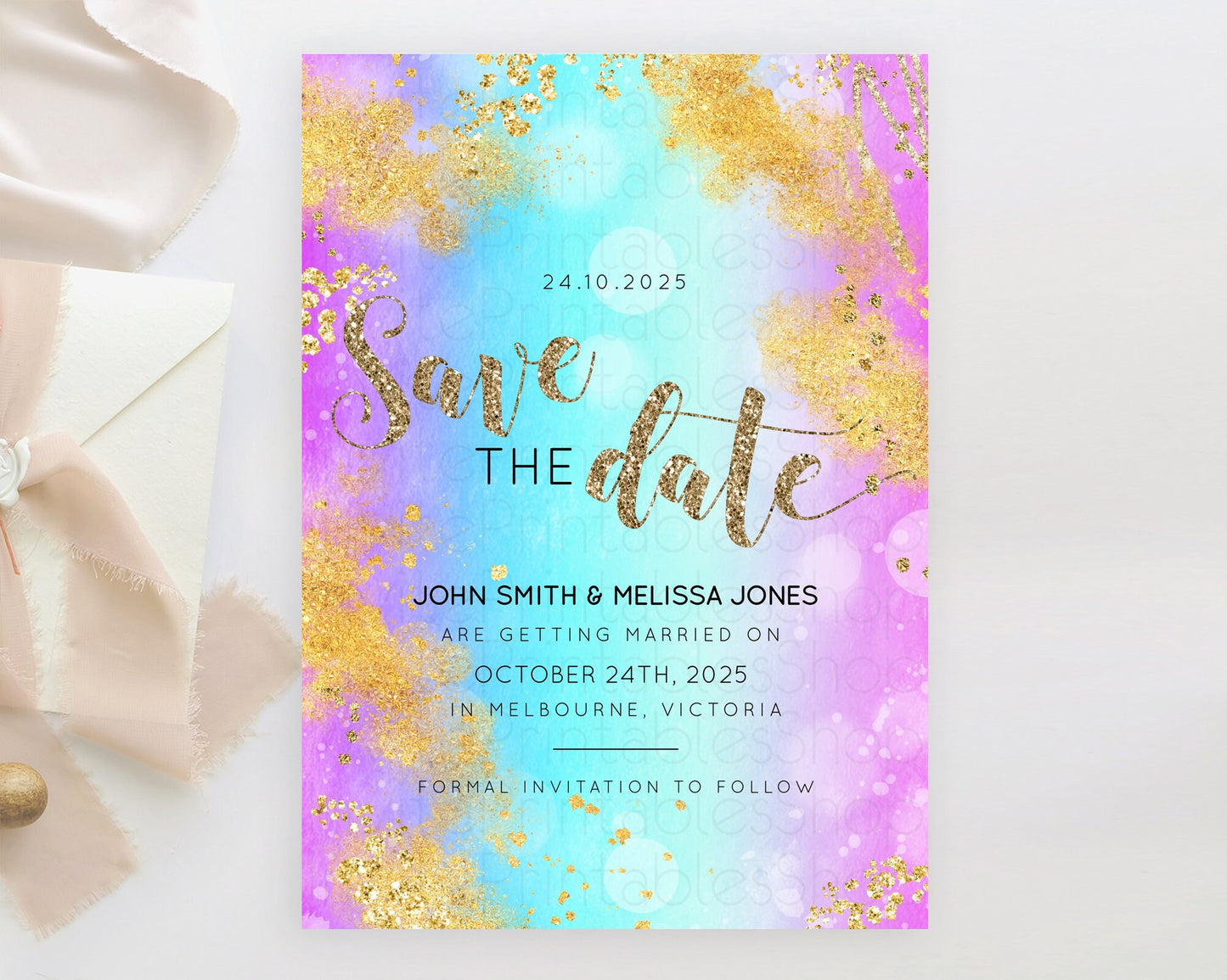 Pastel Save The Date Template Pastel Ombre Rainbow Watercolor Colorful Party For Birthday Baptism Baby Shower Wedding Bridal Shower D10564