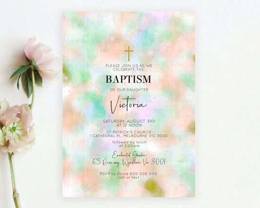 Pastel Baptism Invitation Pastel Colors Watercolor Baptism 1st Birthday Party Gold Ombre Pastel Rainbow Christening Holy Communion D10693