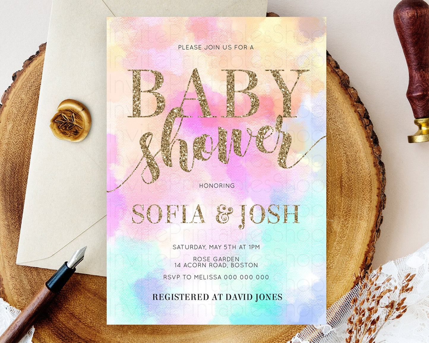 Pastel Baby Shower Invitation Rainbow Baby Shower Invitation Colorful Pastel Watercolor Invitation Gold Glitter Sprinkles Ombre D10669