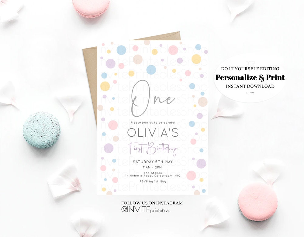 Pastel Confetti Birthday Invitation Colorful Rainbow Bubbles Sprinkles Fun Polka Dots Blue Purple Pink Yellow Invite Template