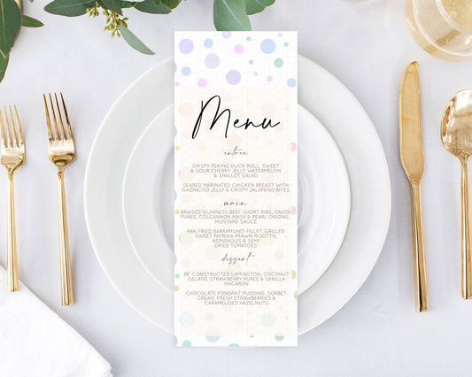 Rainbow Menu Pastel Menu Template Pastel Rainbow Table Decor Confetti Colorful Pastel Menu Confetti Menu Dinner Plate Party Decor D10135