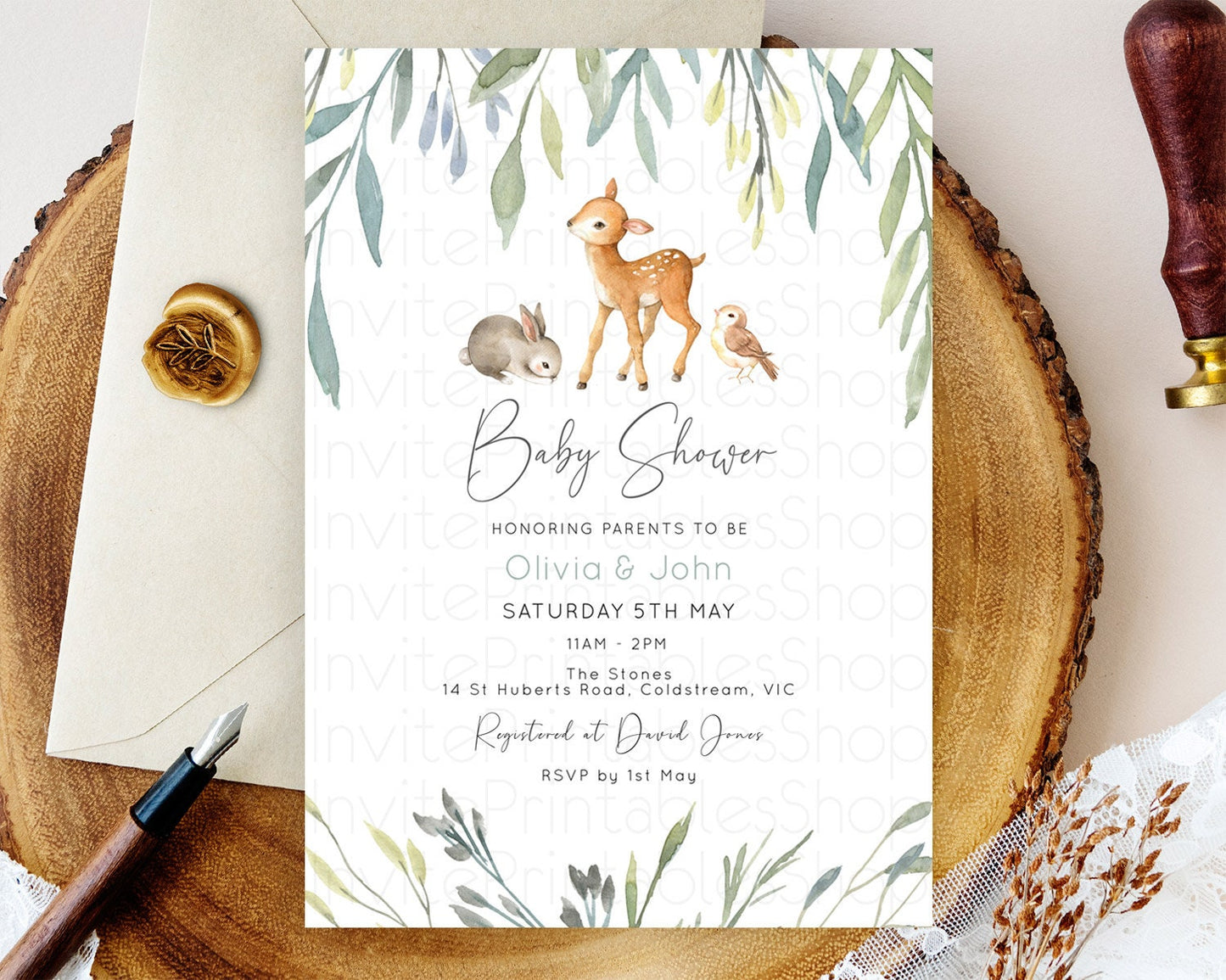 Editable Enchanted Forest Baby Shower Invitation, Fawn, Deer with Soft Color
