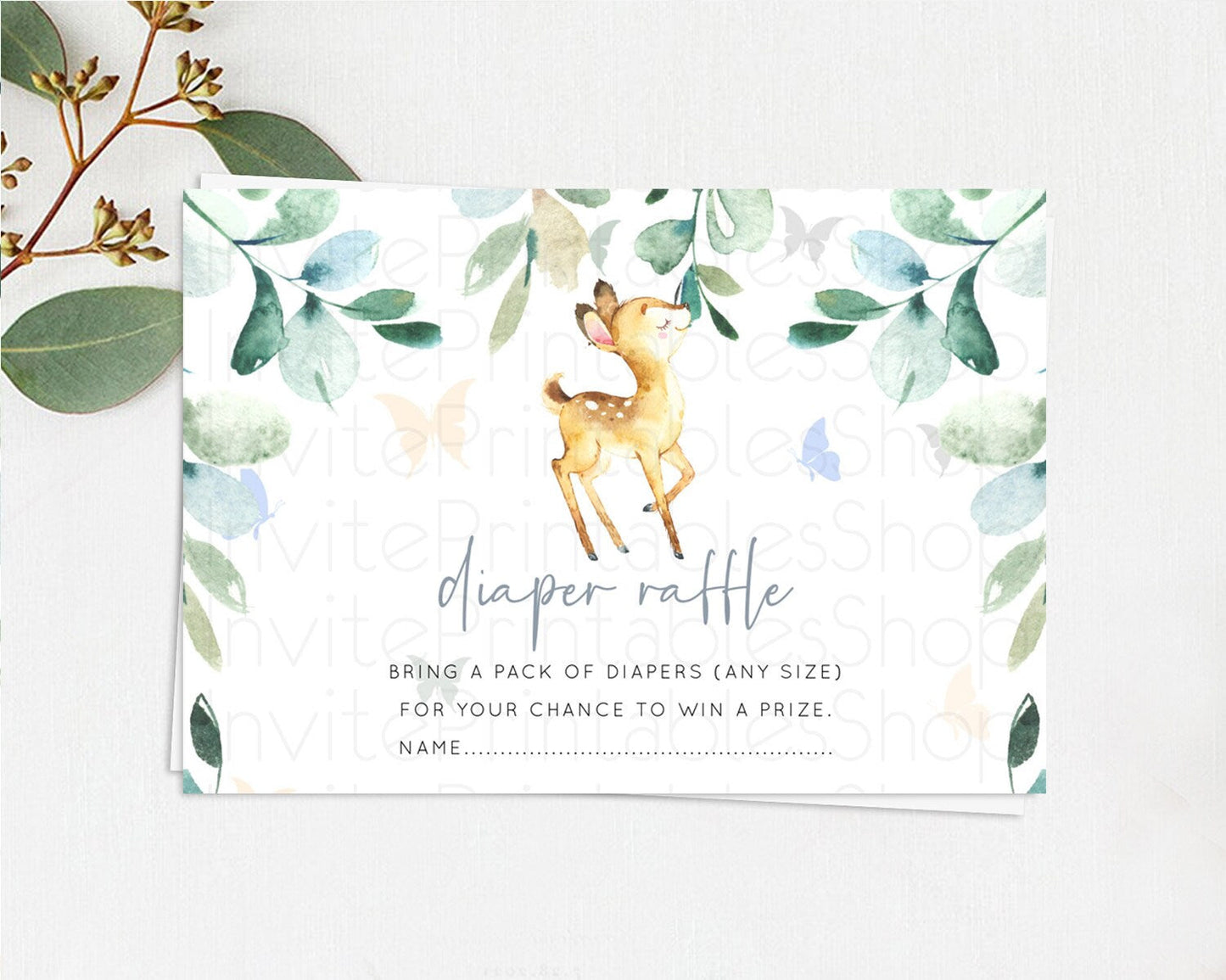 Fawn Diaper Raffle Card Deer Diaper Insert Floral Deer Diaper Ticket Enchanted Forest Butterfly Pastel Baby Shower Raffle Game D10767