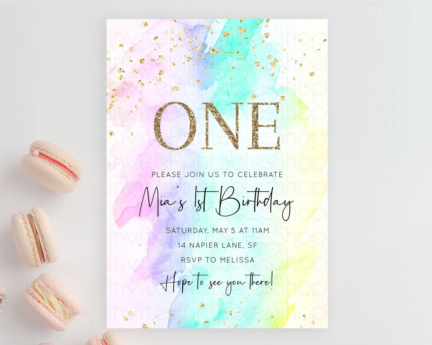 Rainbow Birthday Invitation Colorful Pastel Watercolor Invitation Gold Glitter Sprinkles Ombre Pastel 1st 2nd 3rd Birthday D10231