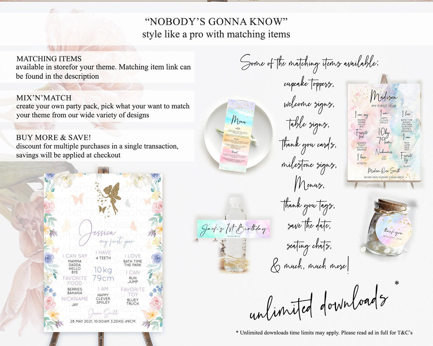 Fairy First Birthday Milestone Poster Fairy Secret Garden Milestone Board Enchanted Garden Pastel Floral Butterfly 1st Birthday Sign D10761
