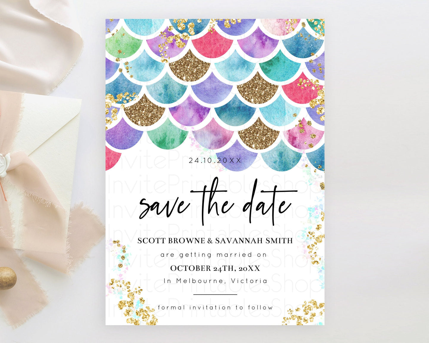 Rainbow Fish Save The Date Template Watercolor Mermaid Rainbow Fish Under Sea Pastel Pool Party For 1st Birthday Baptism Baby Shower D10581