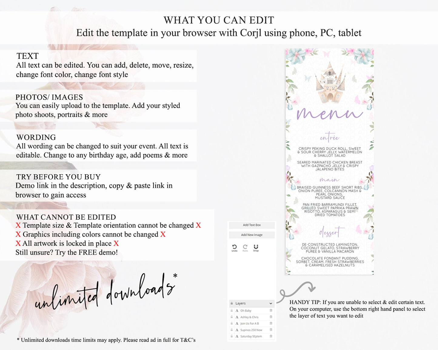 Princess Menu Castle Menu Template Secret Garden Table Decor Enchanted Castle Pastel Floral Dinner Dessert Menu Princess Food Menu D10471