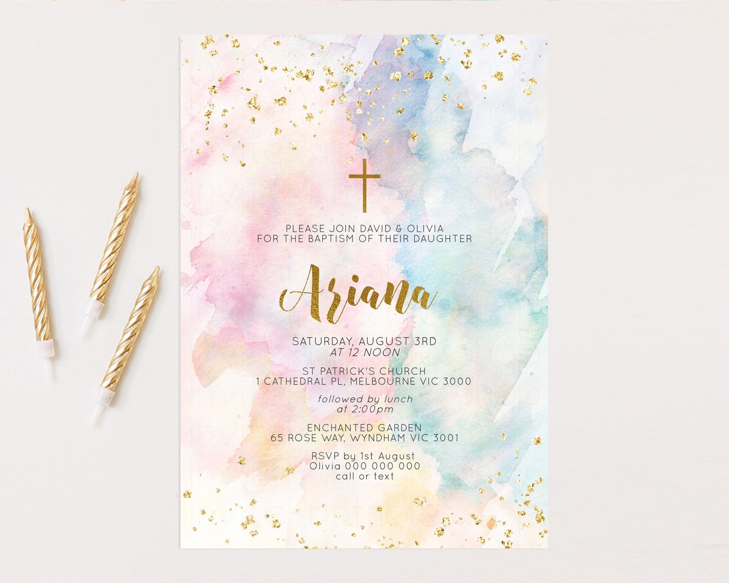 Rainbow Baptism Invitation Pastel Christening Invitation Holy Communion Invitation Glitter Watercolor Splash Invitation Colorful Invite 276