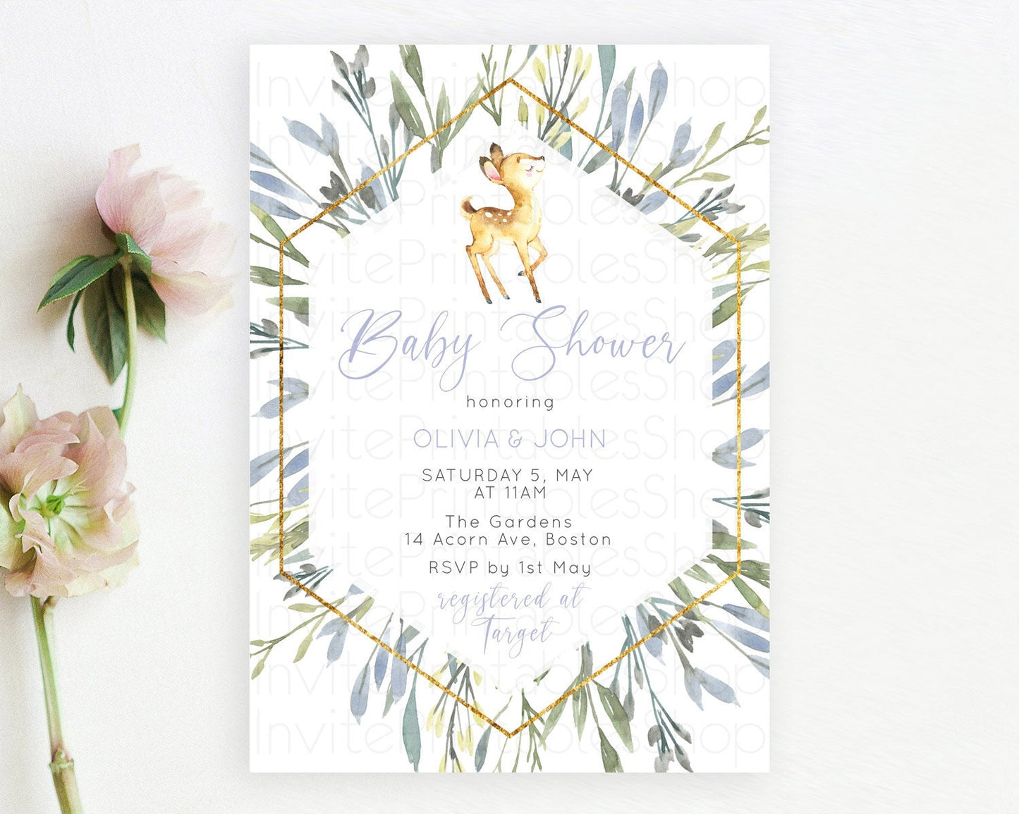 Fawn Baby Shower Invitation, Forest Deer, Pastel Greenery, Whimsical Theme, Rustic Woodland, Organic Soft Green with Gold Accents D10400