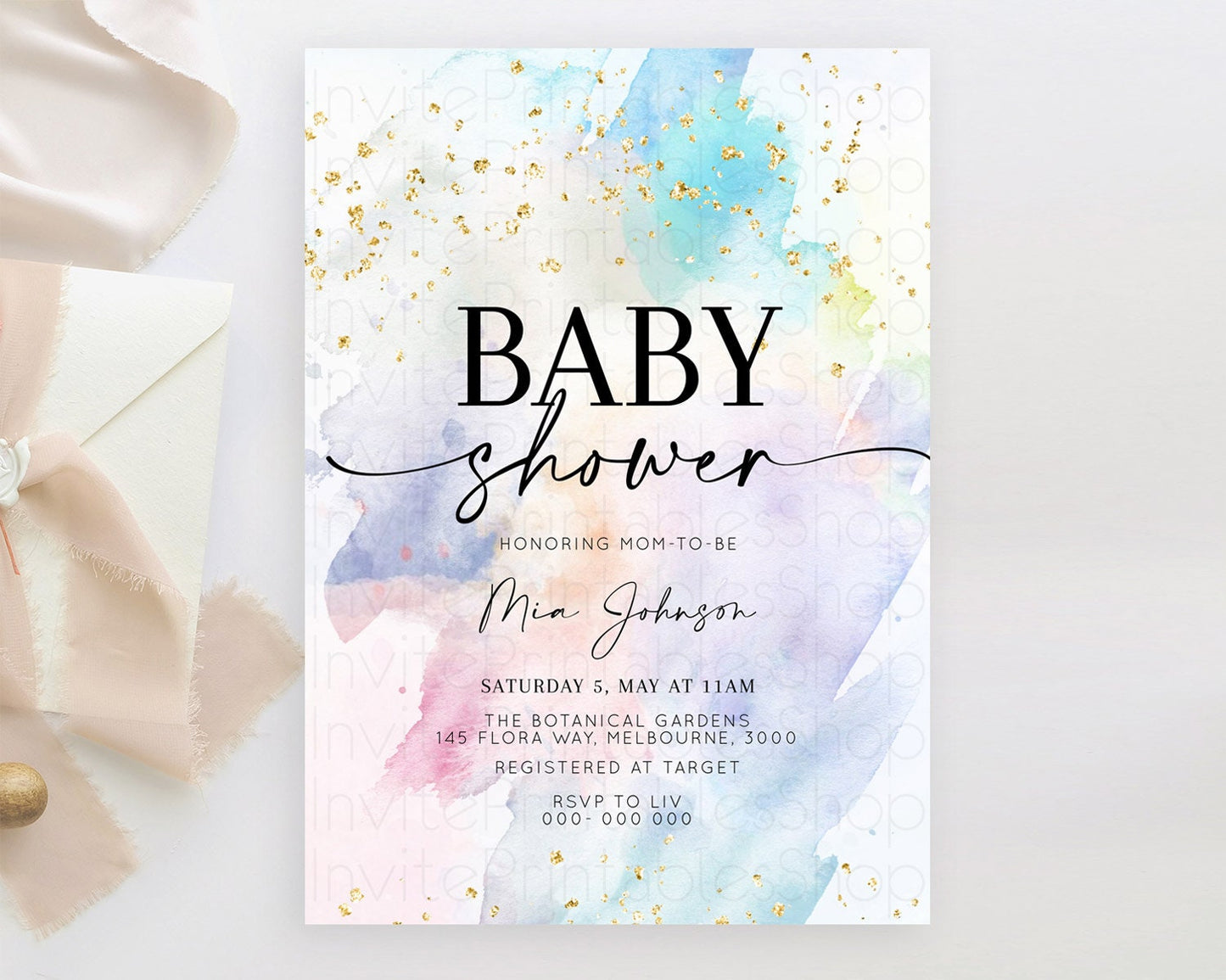 Pastel Baby Shower Invitation Rainbow Baby Shower Invitation Colorful Pastel Watercolor Invitation Gold Glitter Sprinkles Ombre D10420