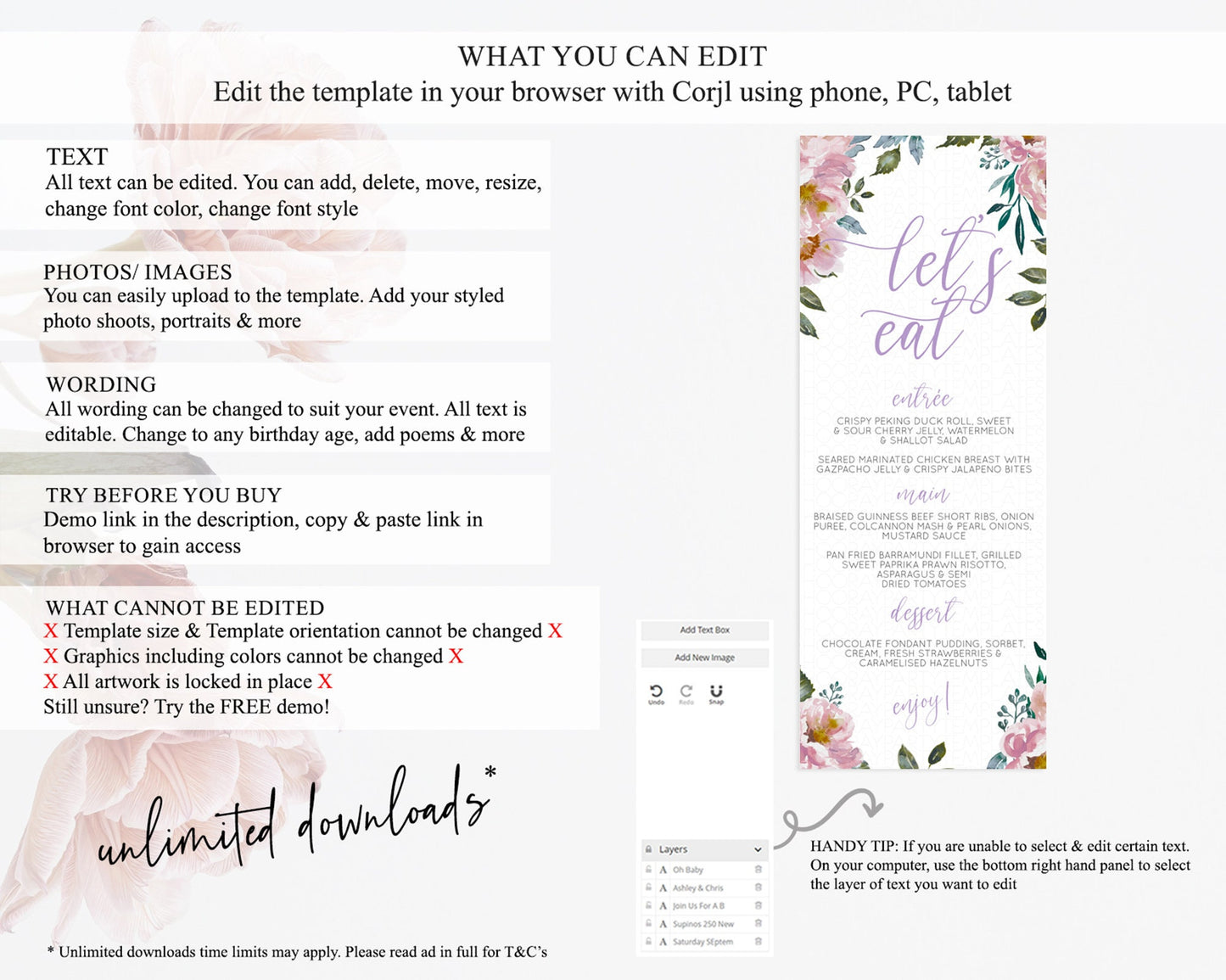 Secret Garden Menu Wildflower Menu Template Pastel Flower Garden Table Decor Boho Floral Dinner Dessert Floral Party Food Menu D10729