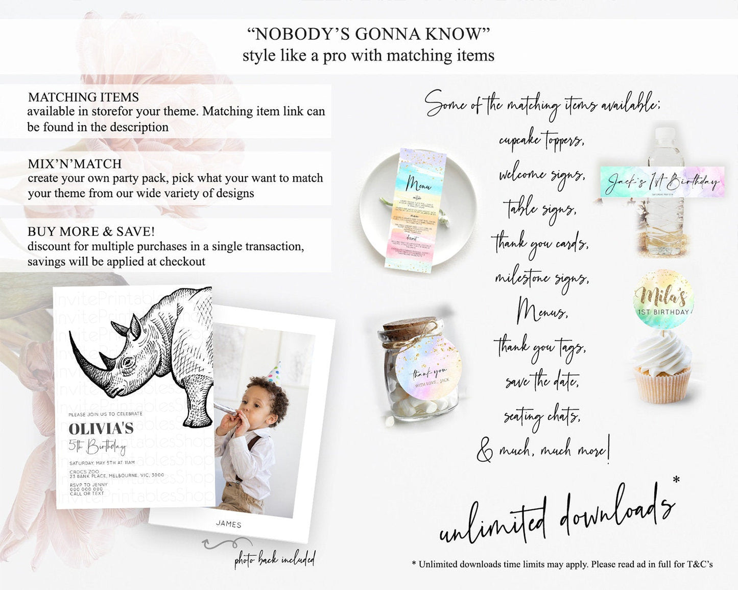 Rhino Birthday Invitation Rhino Invitation Rhino Birthday Rhino Safari Adventure Invite Rhino Palm Leaf Invite Zoo Party D10253