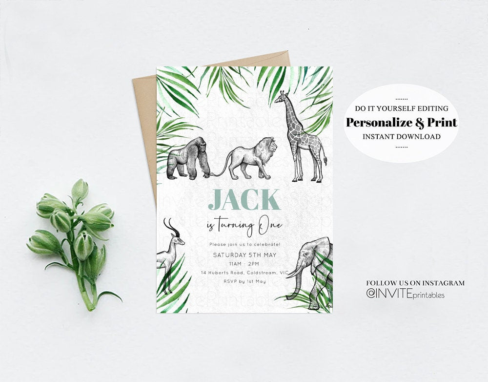 Jungle Birthday Invitation Lion Gorilla Elephant Rhino Tropical Palm Jungle Safari African Adventure Zoo Party Wild Party Animal Custom