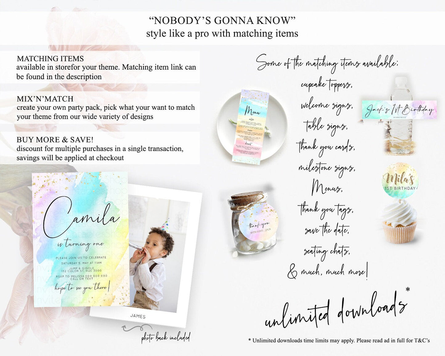Rainbow Birthday Invitation Colorful Pastel Watercolor Invitation Gold Glitter Sprinkles Ombre Pastel 1st 2nd 3rd Birthday D10773