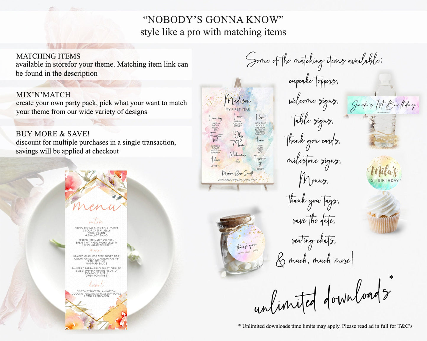 Secret Garden Menu Wildflower Menu Template Pastel Flower Garden Table Decor Boho Floral Dinner Dessert Floral Party Food Menu D10791