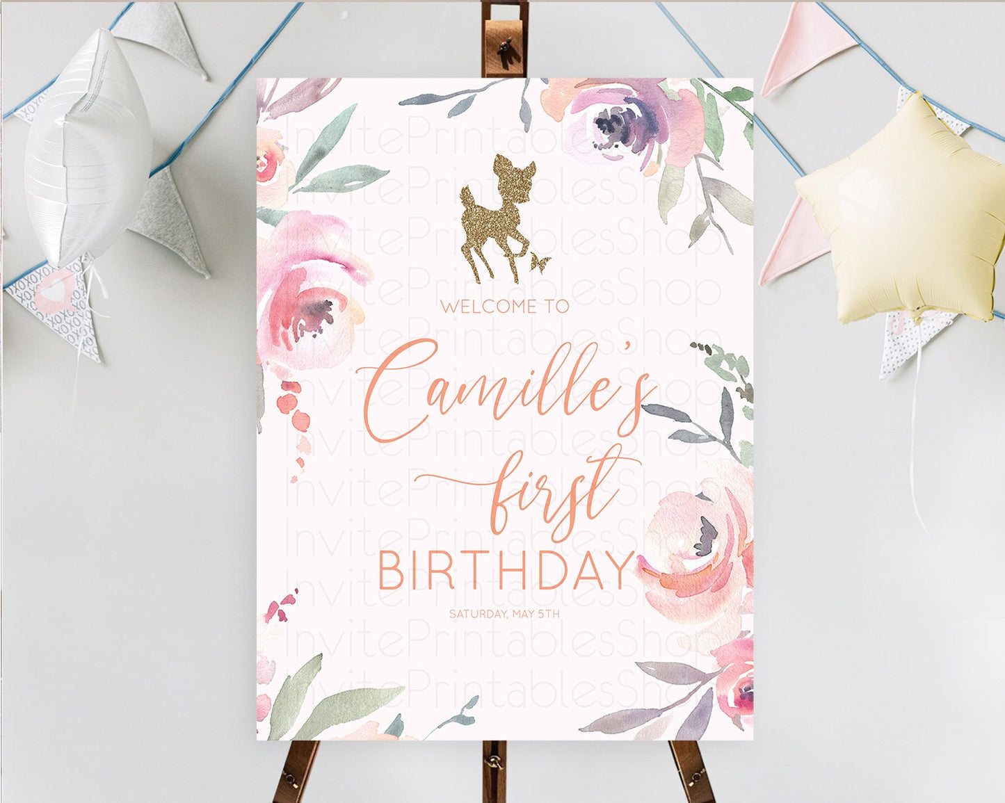 Fawn Welcome Sign Deer Welcome Board Floral Deer Welcome Poster Enchanted Forest Butterfly Pastel Floral First Birthday Welcome Sign D10196