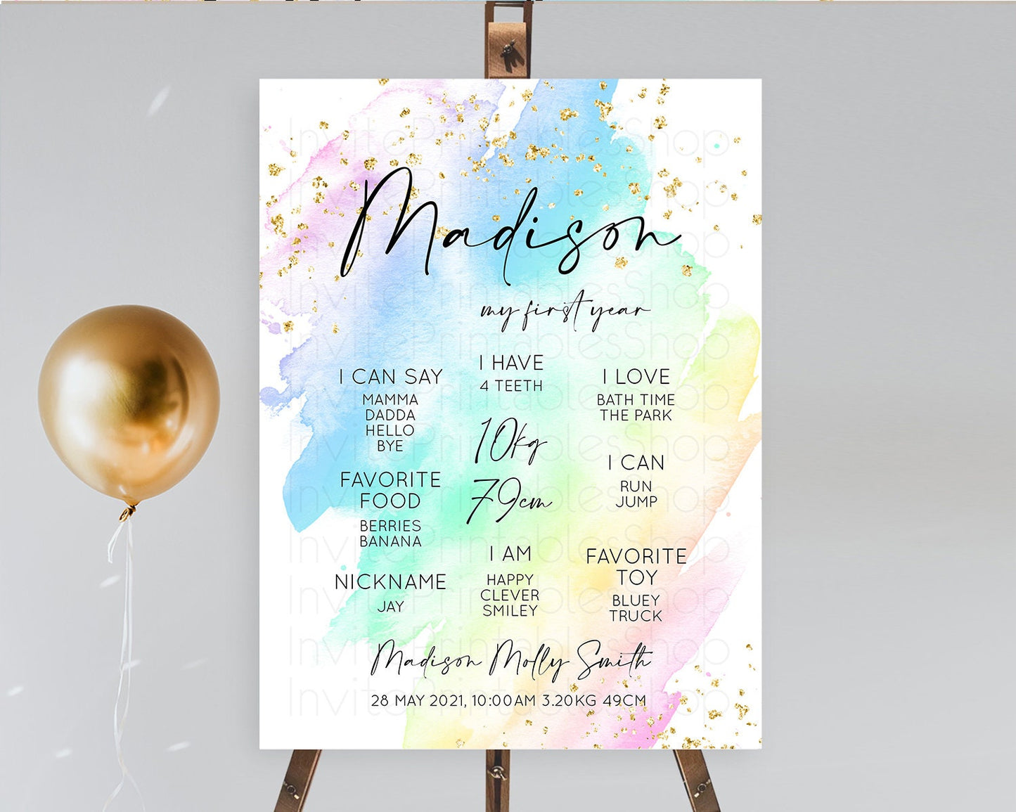 Pastel First Birthday Milestone Board Pastel Rainbow Milestone Poster Colorful Confetti Watercolor Glitter 1st Birthday Welcome Sign D10640