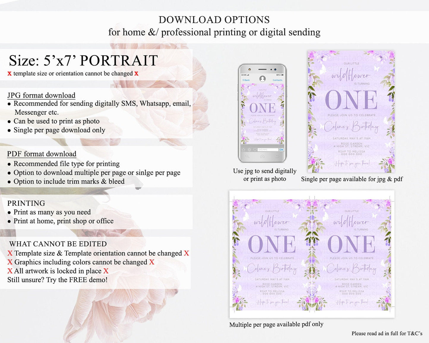 Secret Garden Invitation Wildflower Birthday Invitation Pastel Flowers Invite Enchanted Garden Boho Floral 3rd 2nd First Birthday D10719