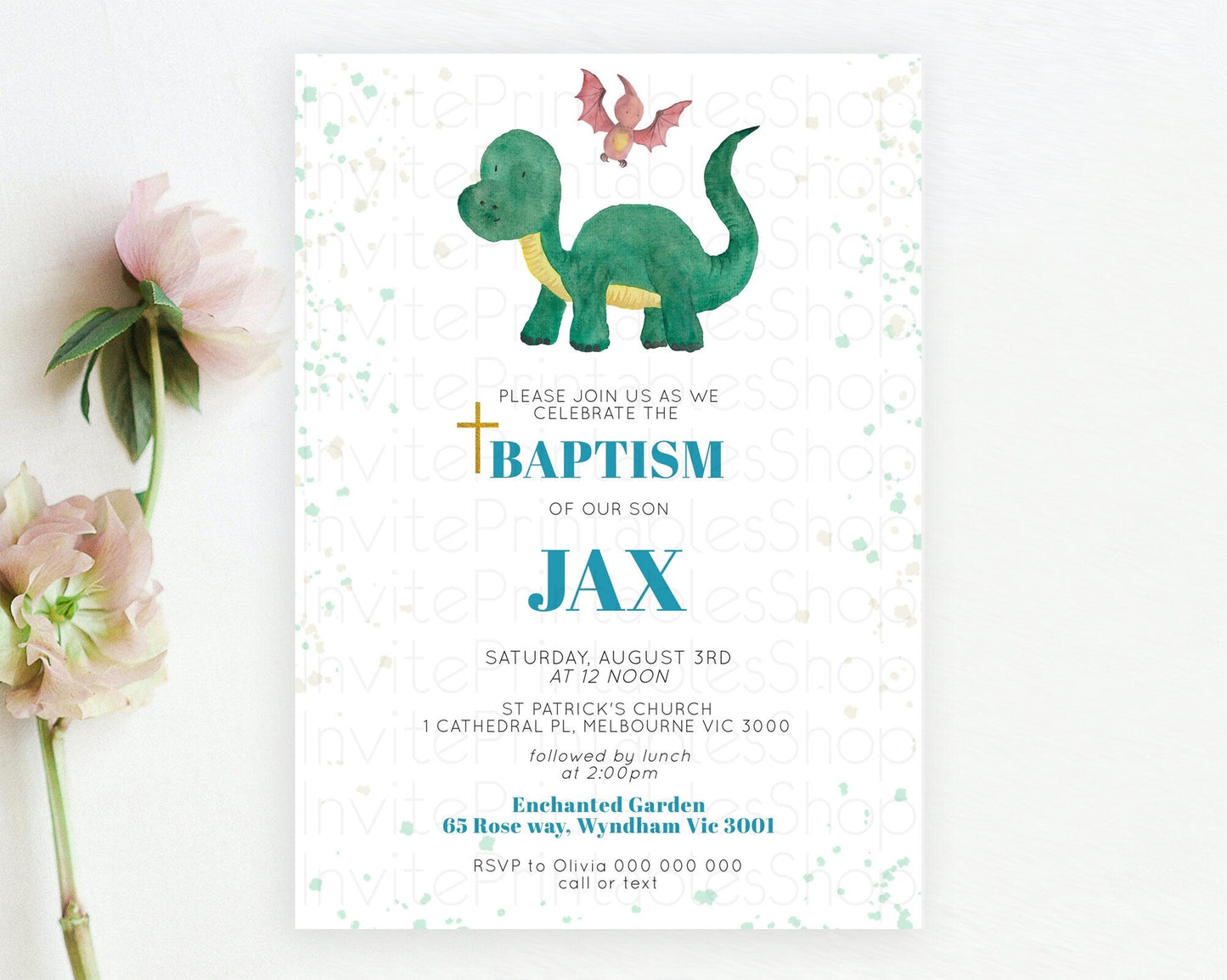 Dinosaur Baptism Invitation Dinosaur Volcano Baptism 1st Birthday Invitation Watercolor T-Rex Raptor Jurassic Christening Invitation D10153