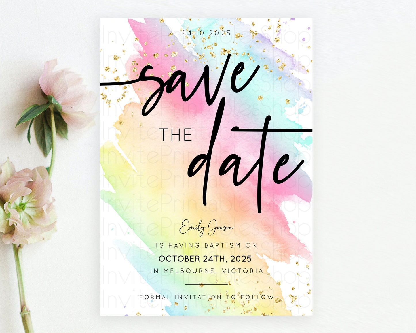 Pastel Save The Date Template Pastel Ombre Rainbow Watercolor Colorful Party For Birthday Baptism Baby Shower Wedding Bridal Shower D10495