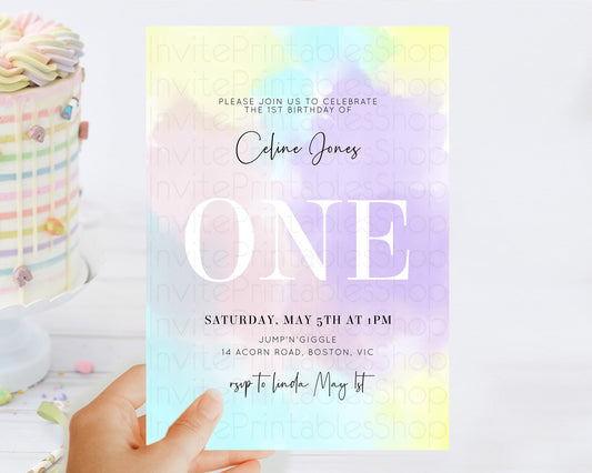 Rainbow Birthday Invitation Colorful Pastel Watercolor Invitation Gold Glitter Sprinkles Ombre Pastel 1st 2nd 3rd Birthday D10617