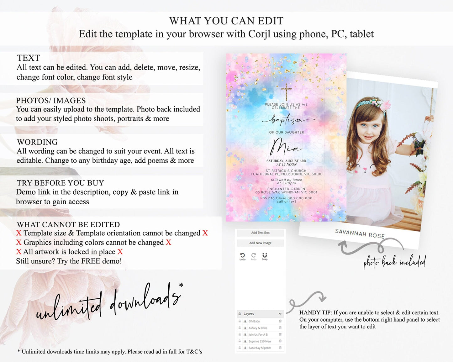 Pastel Baptism Invitation Pastel Colors Watercolor Baptism 1st Birthday Party Gold Ombre Pastel Rainbow Christening Holy Communion D10607