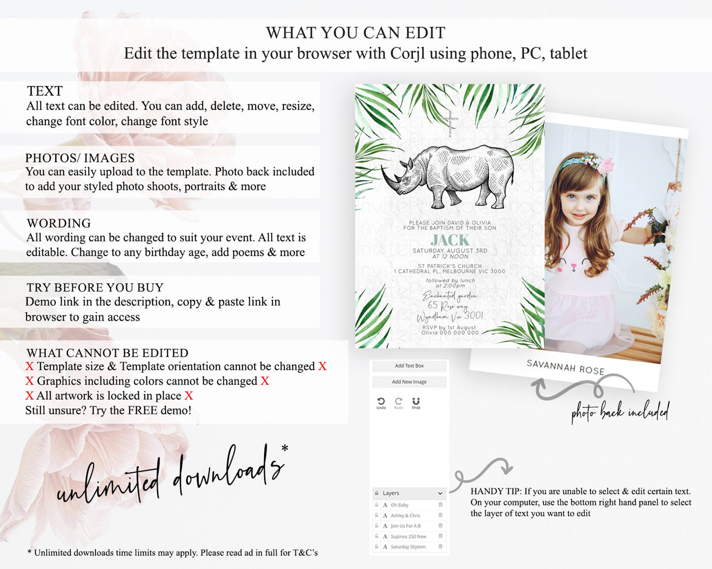 Rhino Baptism Invitation Rhino Baptism 1st Birthday Invitation Rhino Safari Adventure Christening Invitation Palm Leaf Invite Zoo D10848