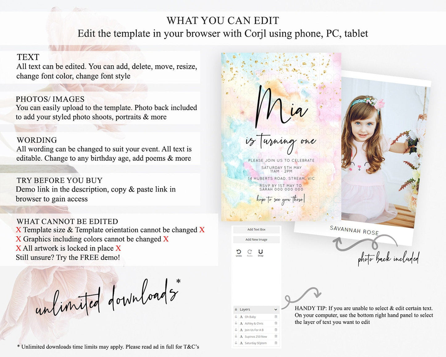 Rainbow Birthday Invitation Colorful Pastel Watercolor Invitation Gold Glitter Sprinkles Ombre Pastel 1st 2nd 3rd Birthday D10548