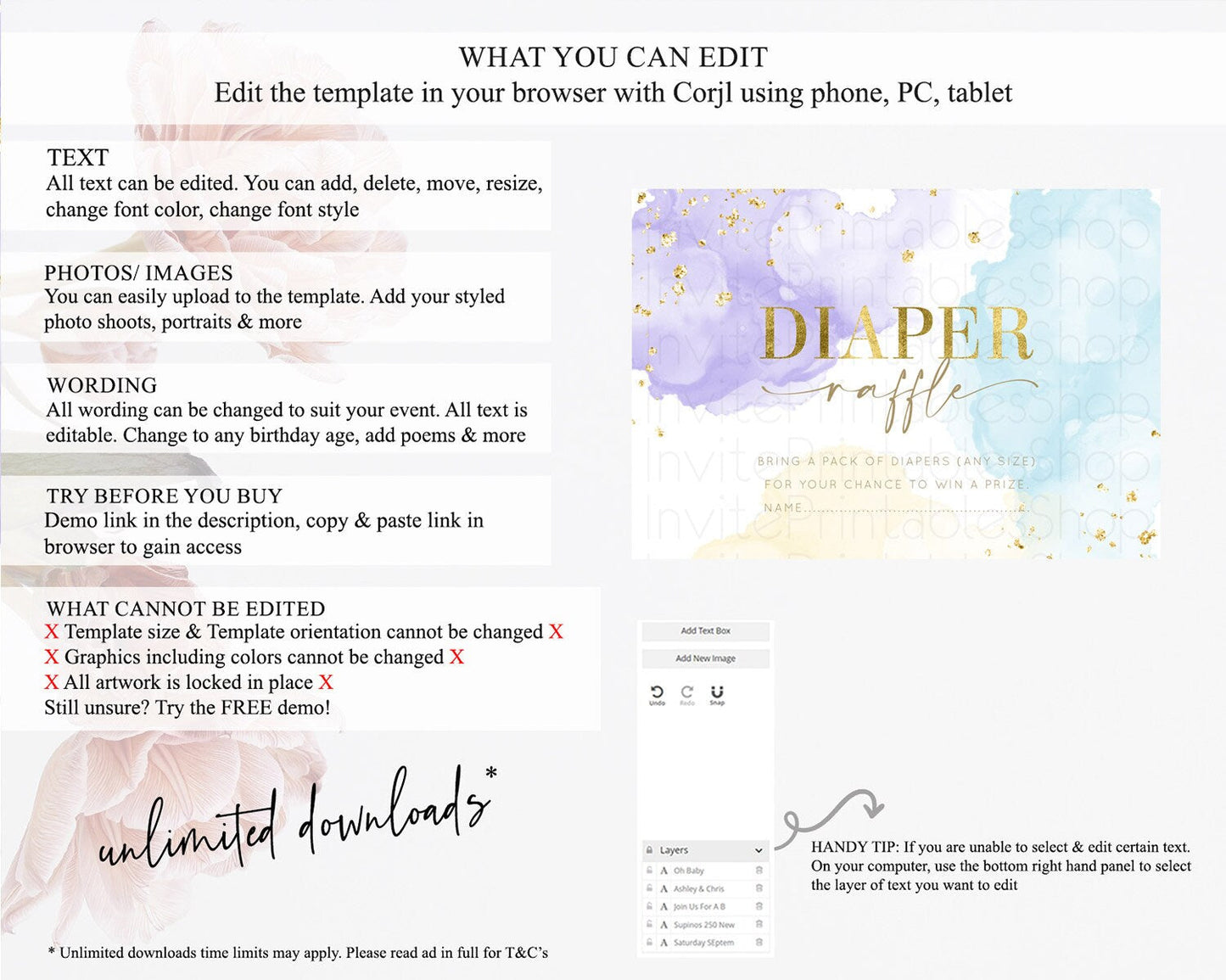 Pastel Diaper Raffle Card Pastel Rainbow Diaper Raffle Insert Colorful Ombre Watercolor Diaper Ticket Confetti Glitter Raffle Game D10206