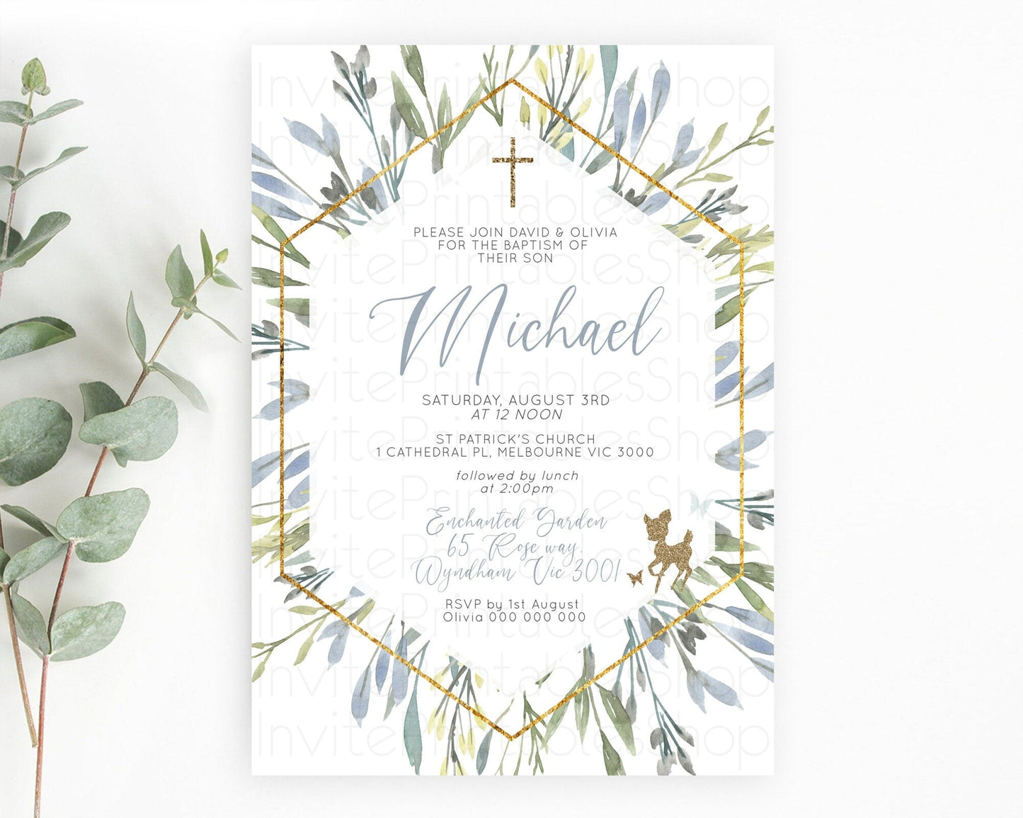 Fawn Baptism Invitation Deer Baptism 1st Birthday Invitation Enchanted Forest Christening Invitation Pastel Garden Butterfly Floral D10534