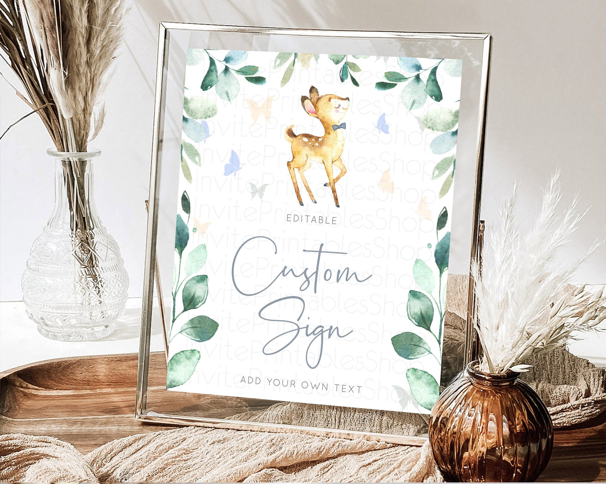 Editable Fawn Deer Sign Pastel Floral Deer Table Sign Decor Enchanted Forest