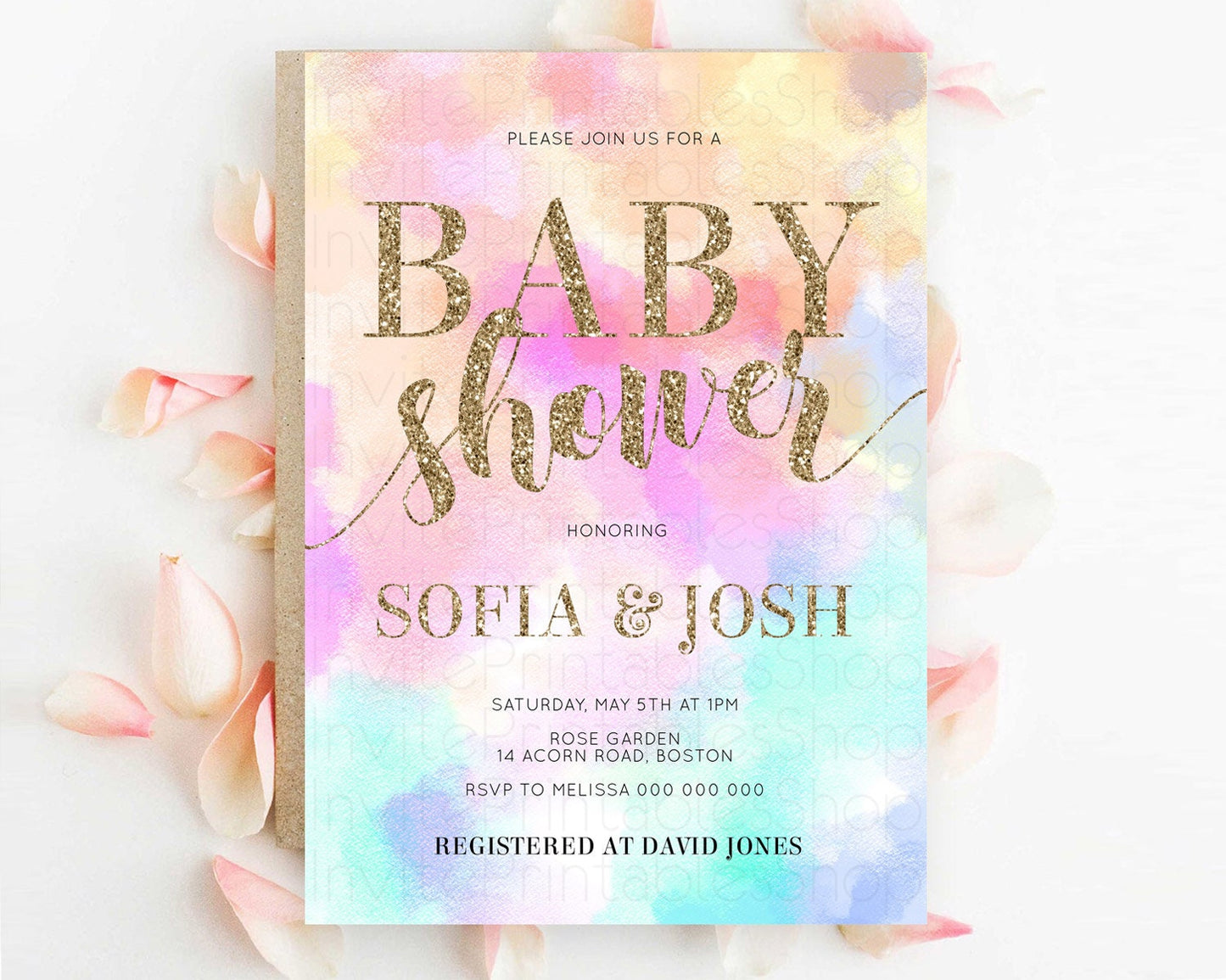 Pastel Baby Shower Invitation Rainbow Baby Shower Invitation Colorful Pastel Watercolor Invitation Gold Glitter Sprinkles Ombre D10669