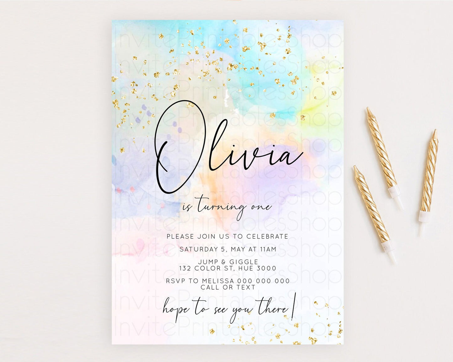 Rainbow Birthday Invitation Colorful Pastel Watercolor Invitation Gold Glitter Sprinkles Ombre Pastel 1st 2nd 3rd Birthday D10769