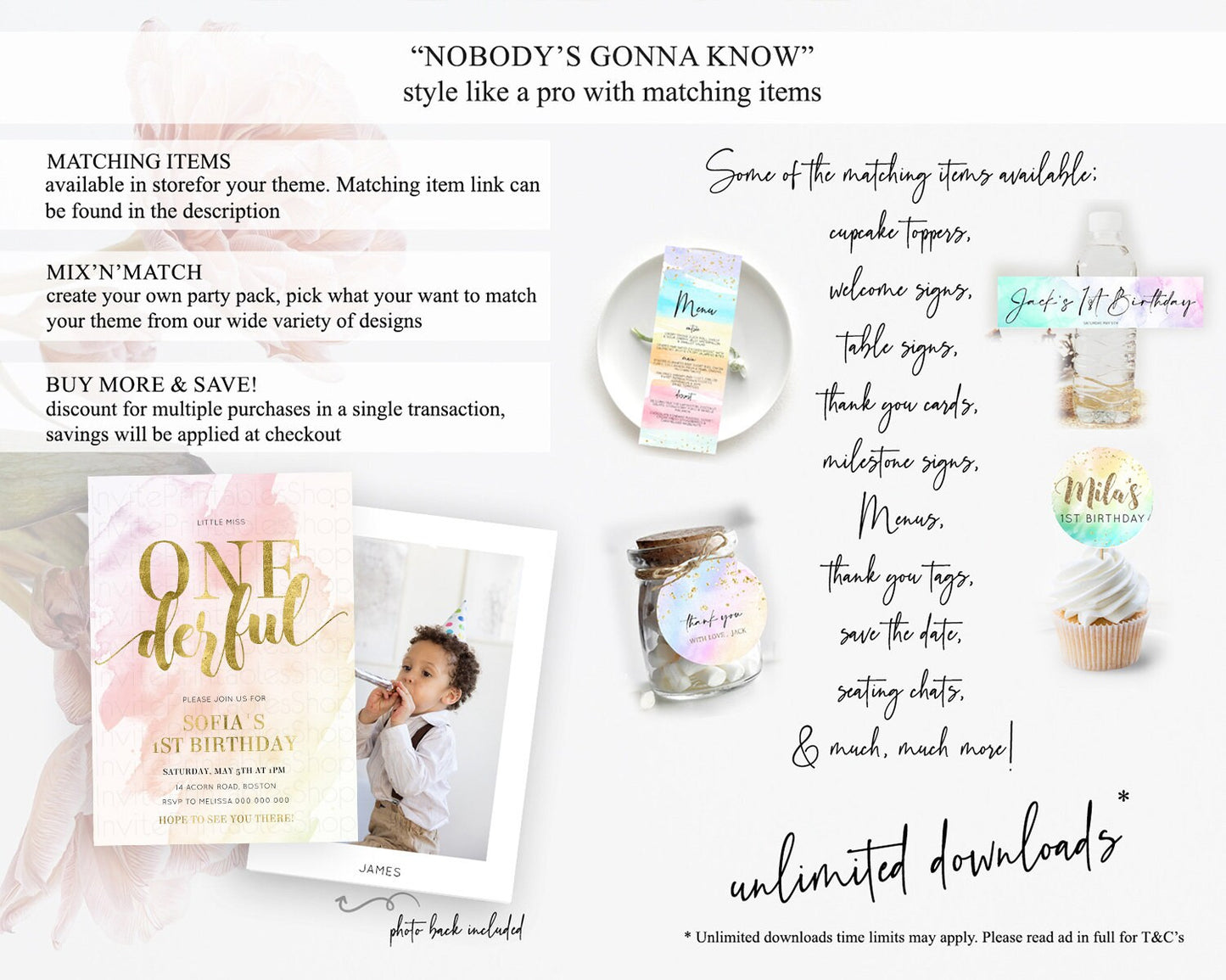 ONEderful Rainbow Birthday Invitation Colorful Pastel Watercolor Invitation Gold Glitter Sprinkles Ombre Pastel 1st Birthday D11025