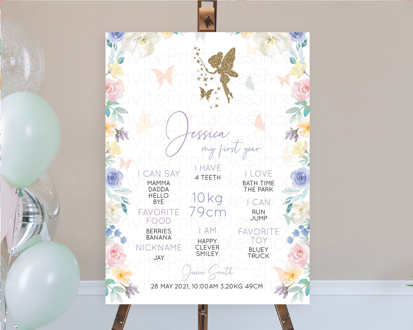 Fairy First Birthday Milestone Poster Fairy Secret Garden Milestone Board Enchanted Garden Pastel Floral Butterfly 1st Birthday Sign D10761